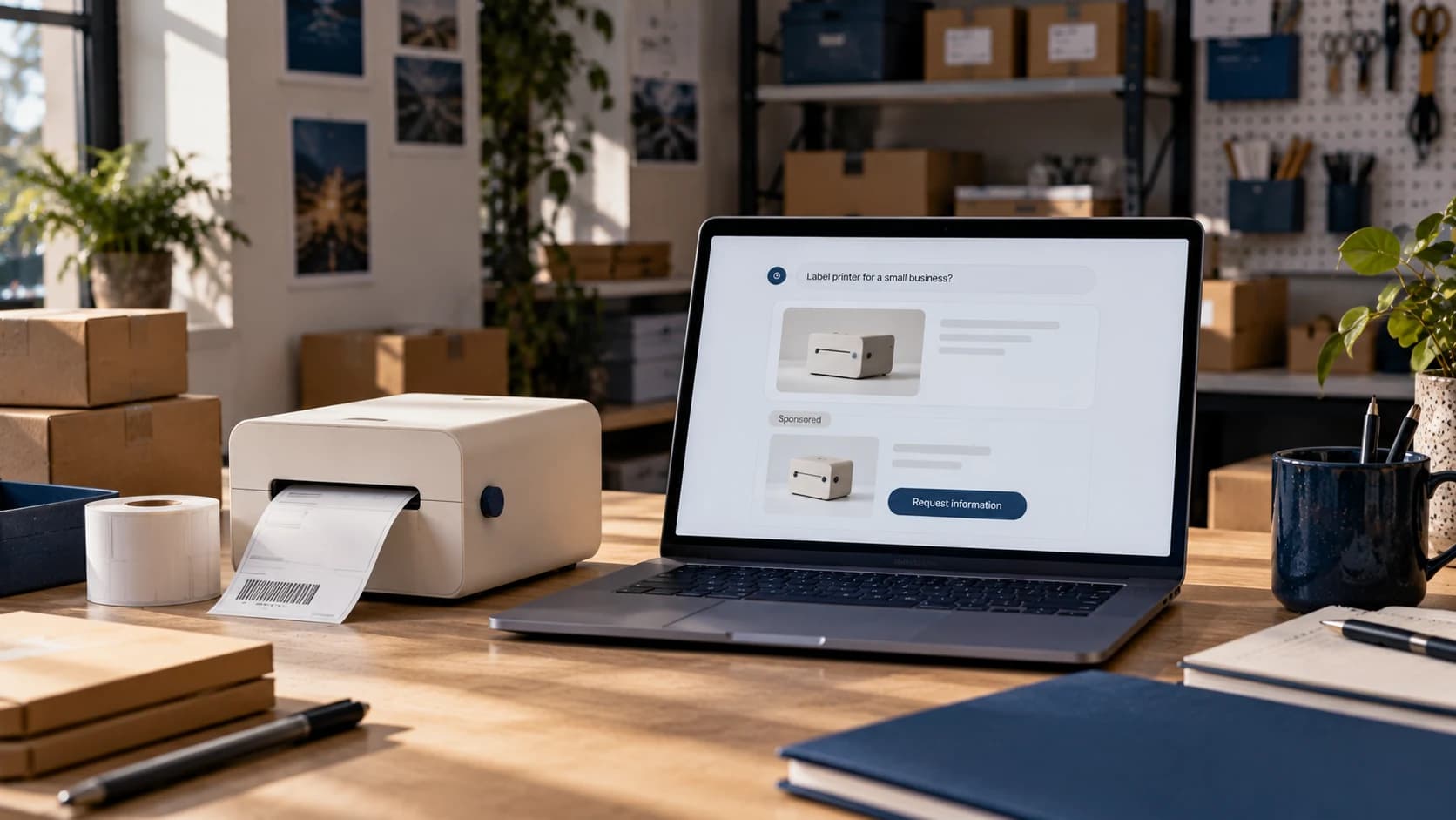 A compact label printer, shipping boxes, and a laptop with an illustrated equipment inquiry page in a small office.