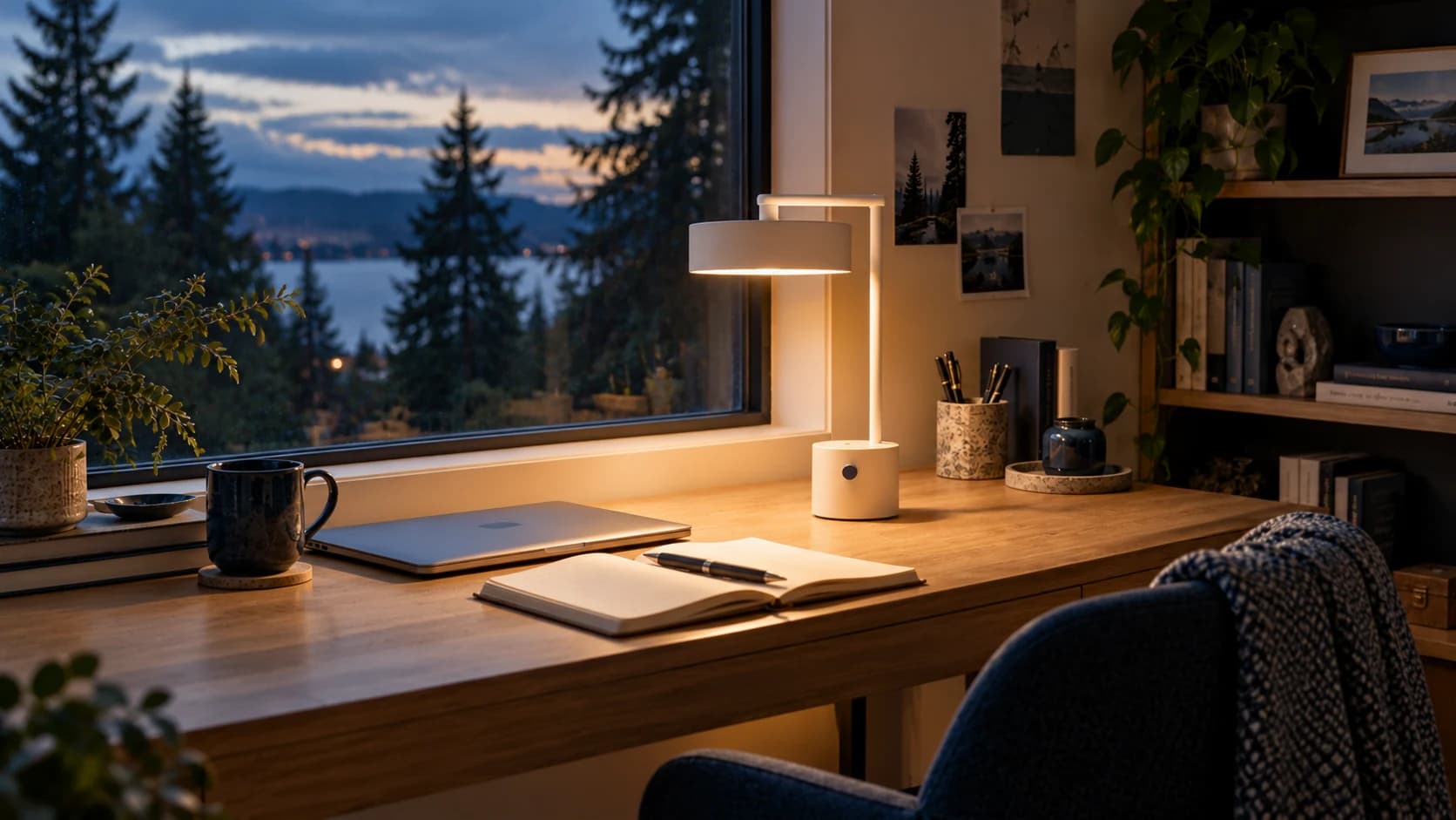 At dusk, the lamp illuminates an open notebook beside a window overlooking trees and distant hills.