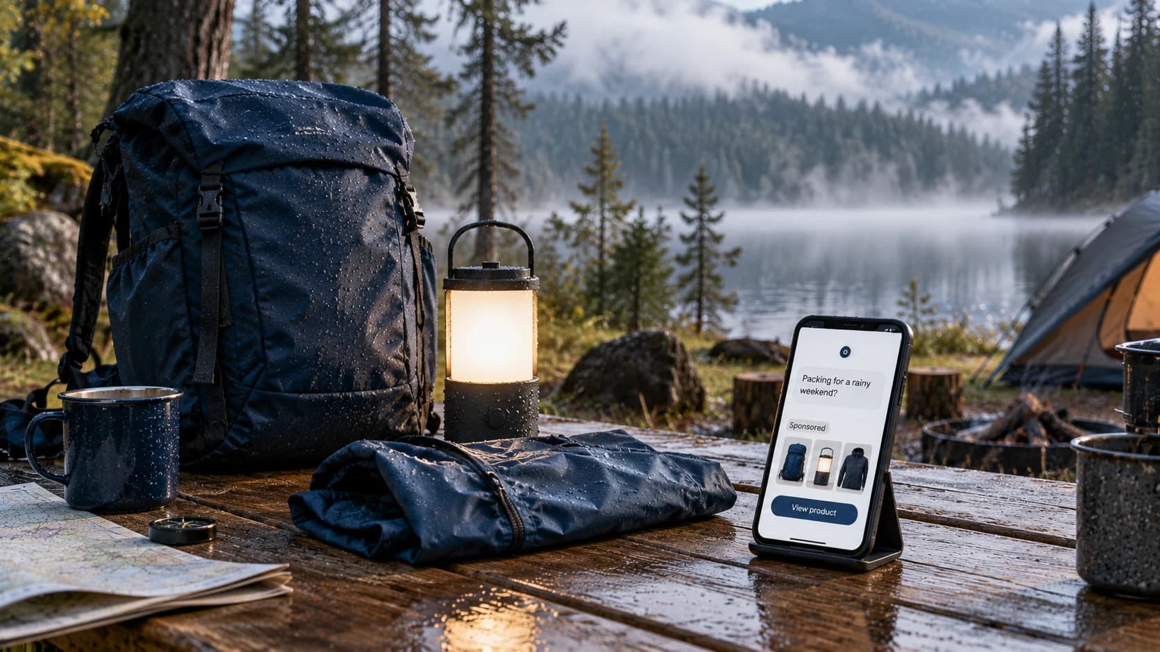 A backpack, rain shell, lantern, and phone displaying camping equipment sit on a table by a misty lake.