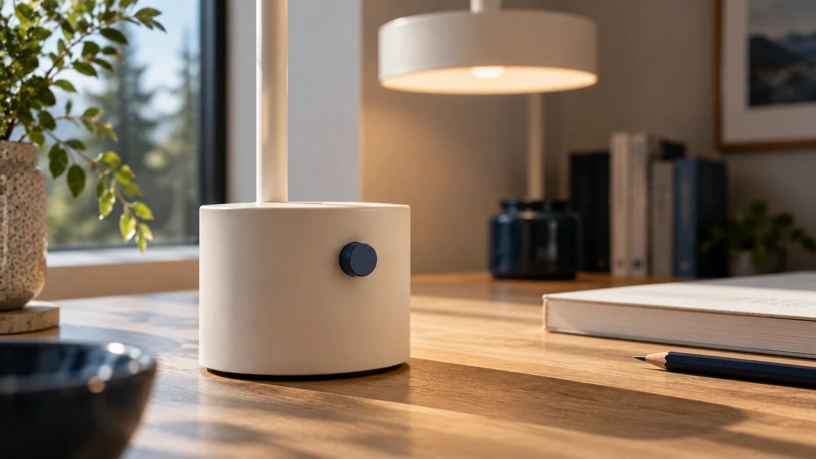 A close view of the lamp's matte base and blue dimming button shows its materials and controls.
