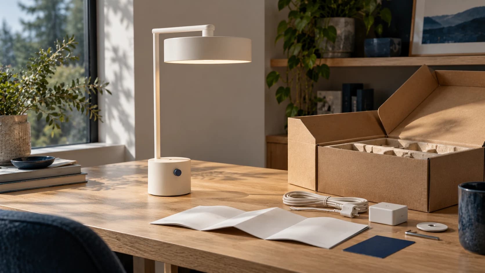 A warm-white desk lamp beside its open shipping box, power cable, and instruction sheets on an oak desk.