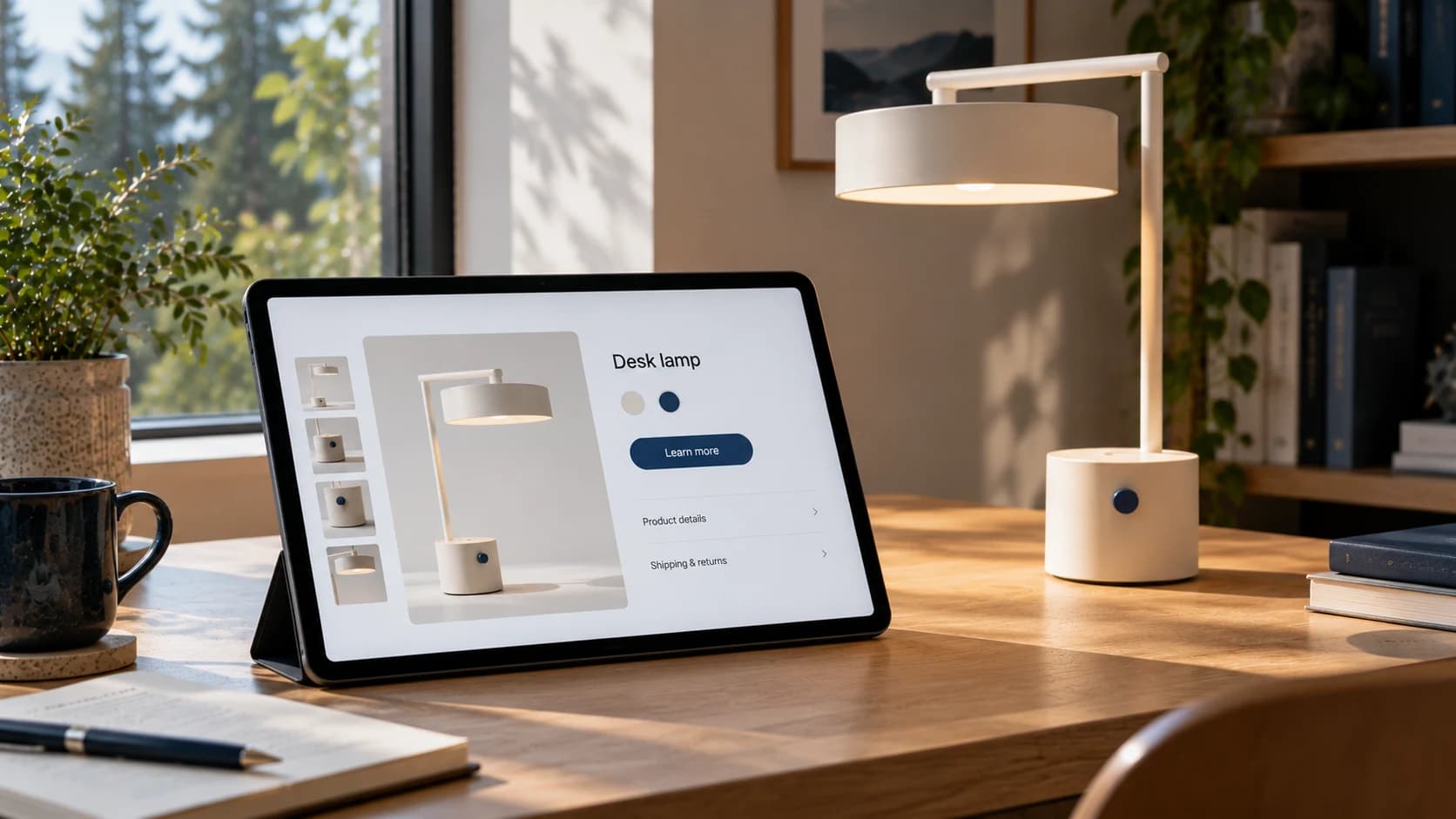 A tablet shows an illustrated lamp product page beside the same warm-white lamp on a desk.