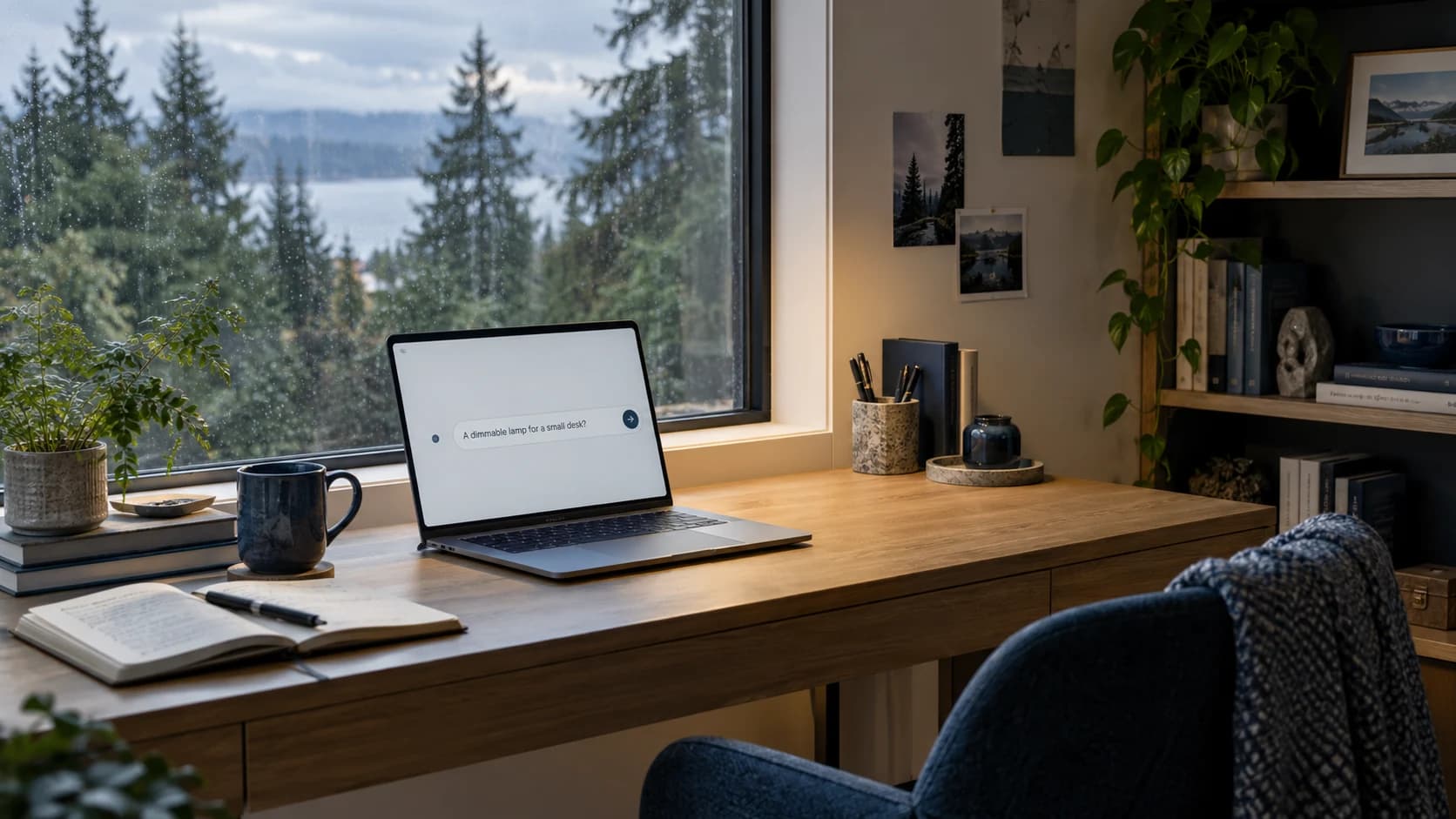 A small desk beside a window with a laptop, books, and a ceramic cup, leaving space for a lamp.